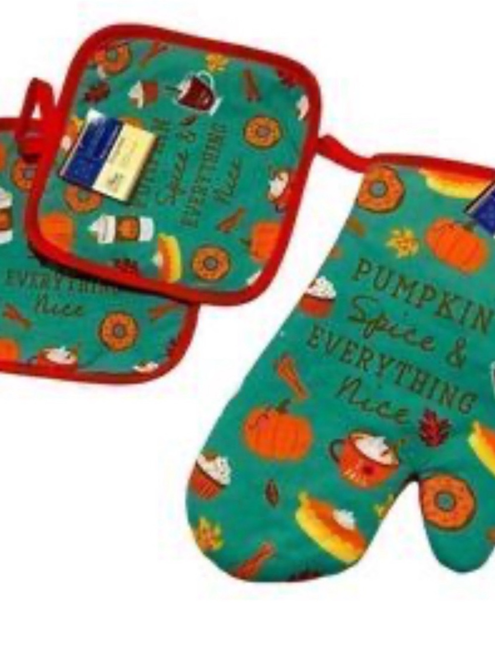 Home Collection Pumpkin Spice Oven Mitt and Pot Holders - Teal with Orange Trim